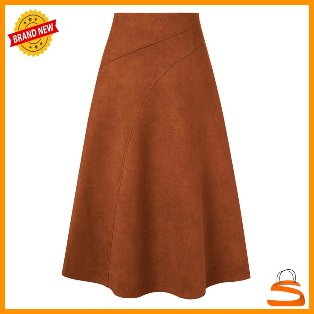 Faux Suede High Waist A-Line Midi Skirt, Fall Winter Essential, Sizes S-2xl
